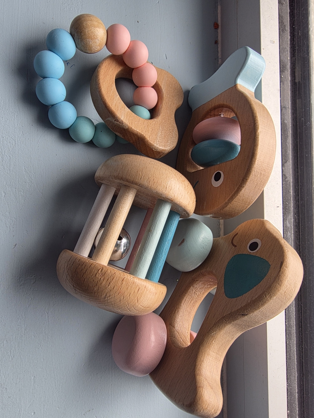 Wooden Baby Rattle Teether Set – Pastel Blue & Pink